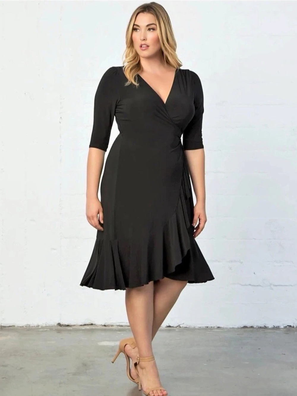 Kiyonna Whimsy Ruffled Midi Wrap Dress Black Size 2X